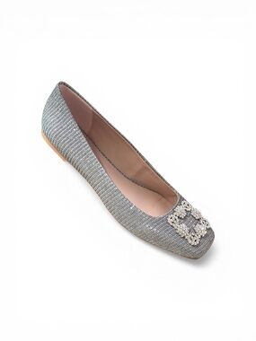 Neiman Marcus Silver Crystal-Embellished Square-Toe Flats